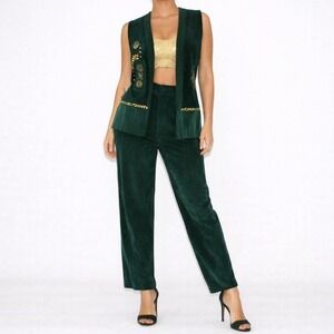 Vintage Forest Green Velvet Pants & Vest Set Womens M Boho High Waist Outfit